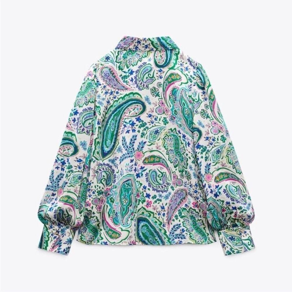ZARA Paisley Print Satin Blouse Sz M Green Pink Boho Button Front - Picture 3 of 14